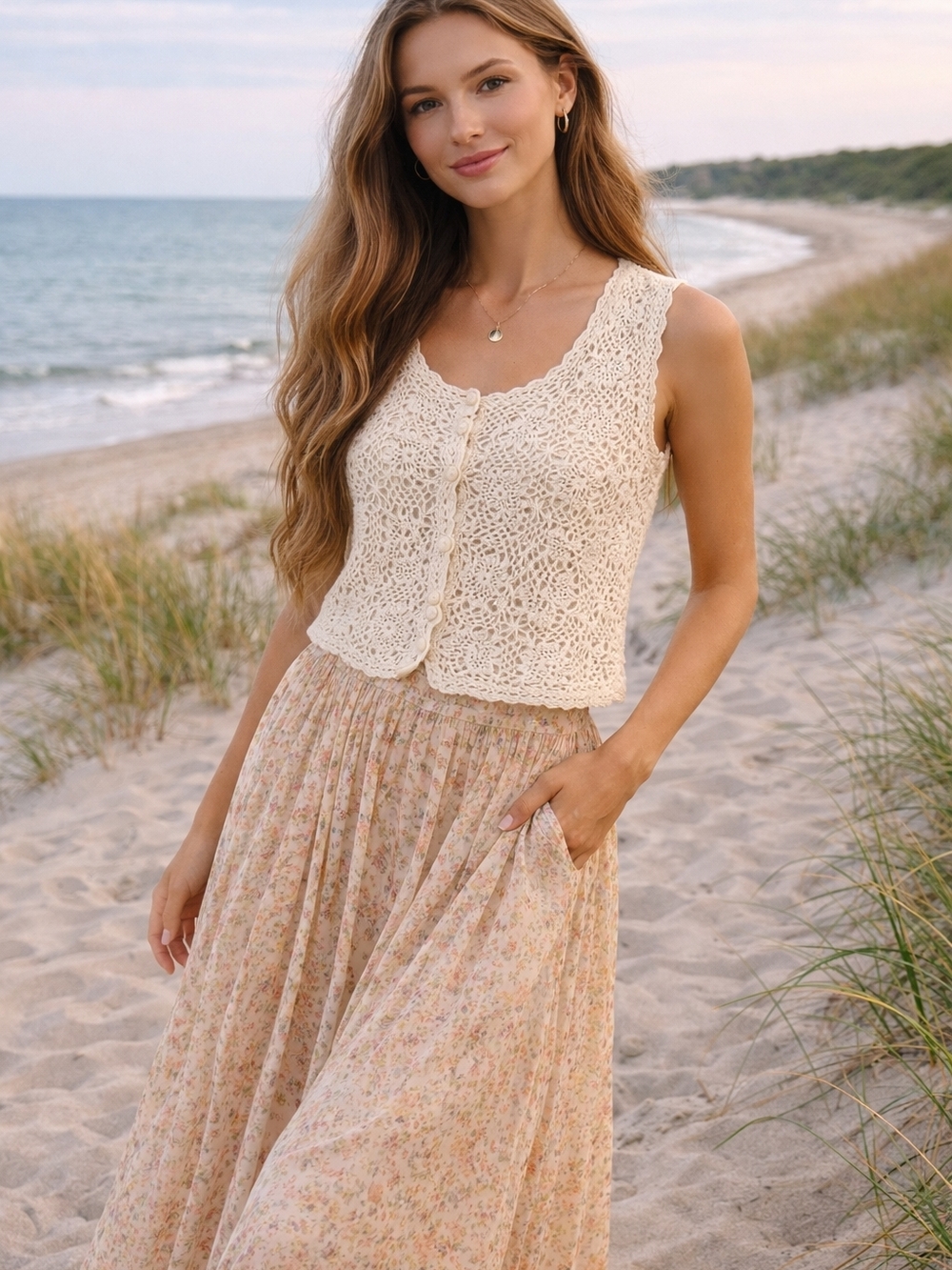 VTG Jaclyn Smith Floral Crochet Vest Cream Boho Cottagecore Grandma Chic